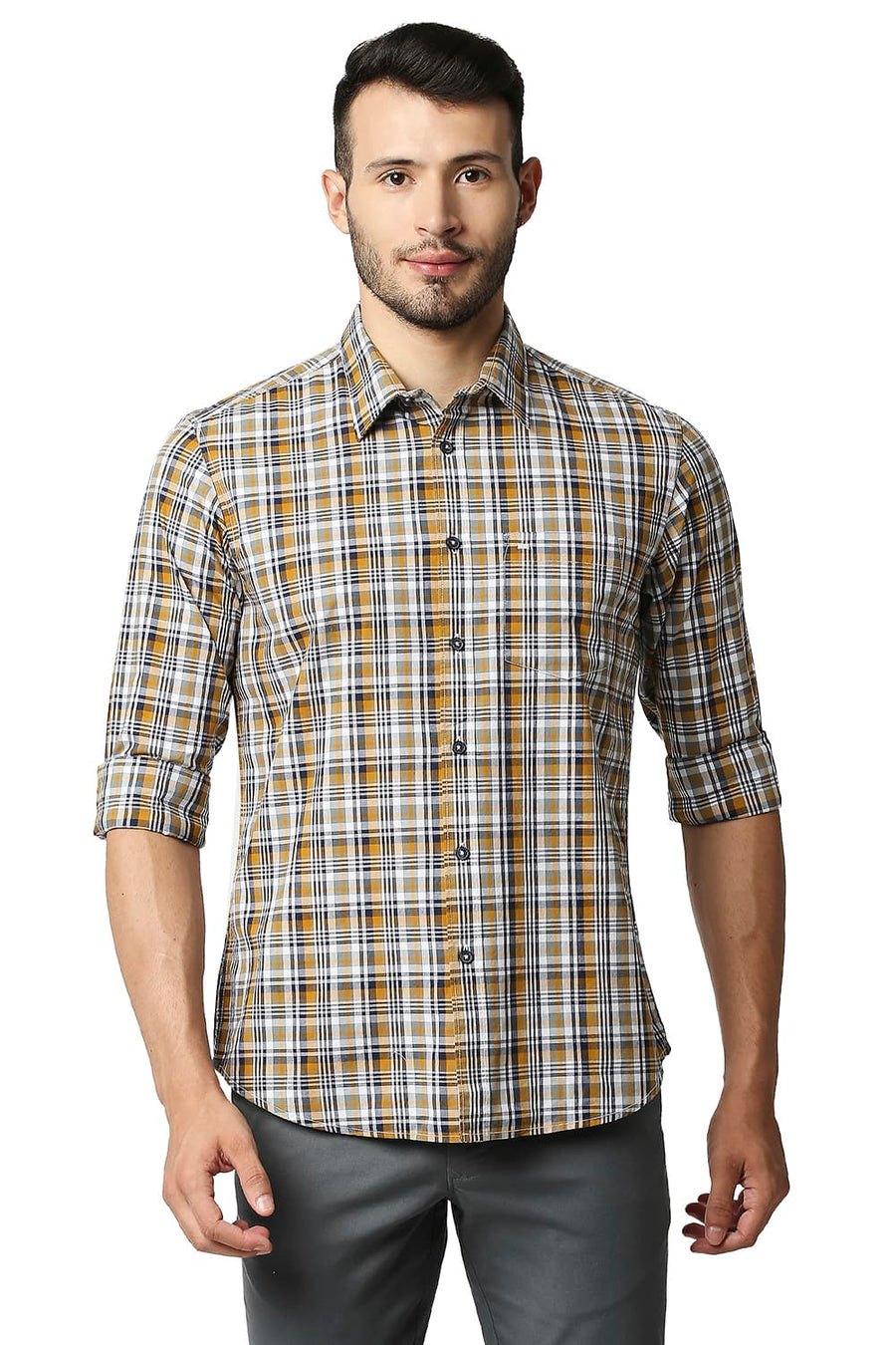 BASICS SLIM FIT BUTTERSCOTCH YELLOW COTTON CHECKS SHIRT
