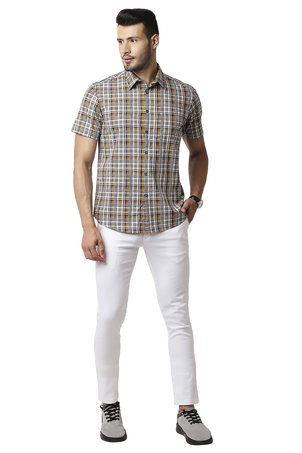 BASICS SLIM FIT COTTON CHECKS HALFSLEEVES SHIRT