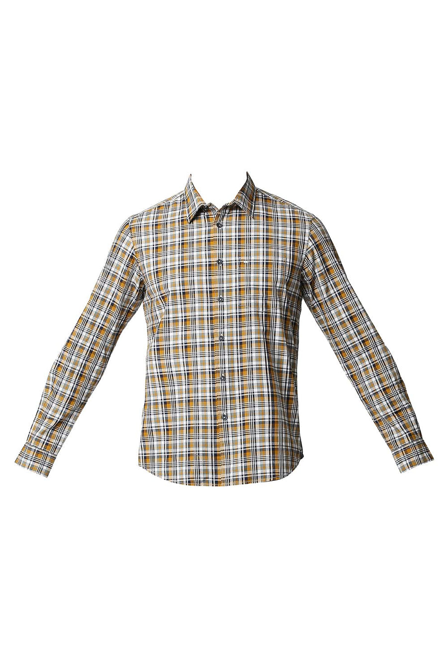 BASICS SLIM FIT BUTTERSCOTCH YELLOW COTTON CHECKS SHIRT