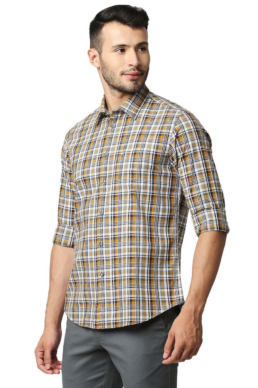 BASICS SLIM FIT BUTTERSCOTCH YELLOW COTTON CHECKS SHIRT