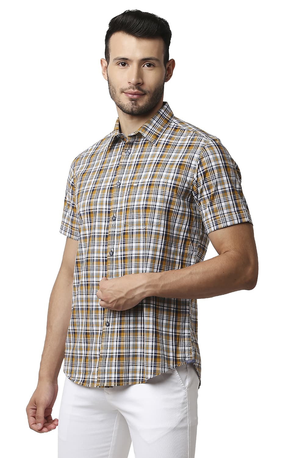 BASICS SLIM FIT COTTON CHECKS HALFSLEEVES SHIRT