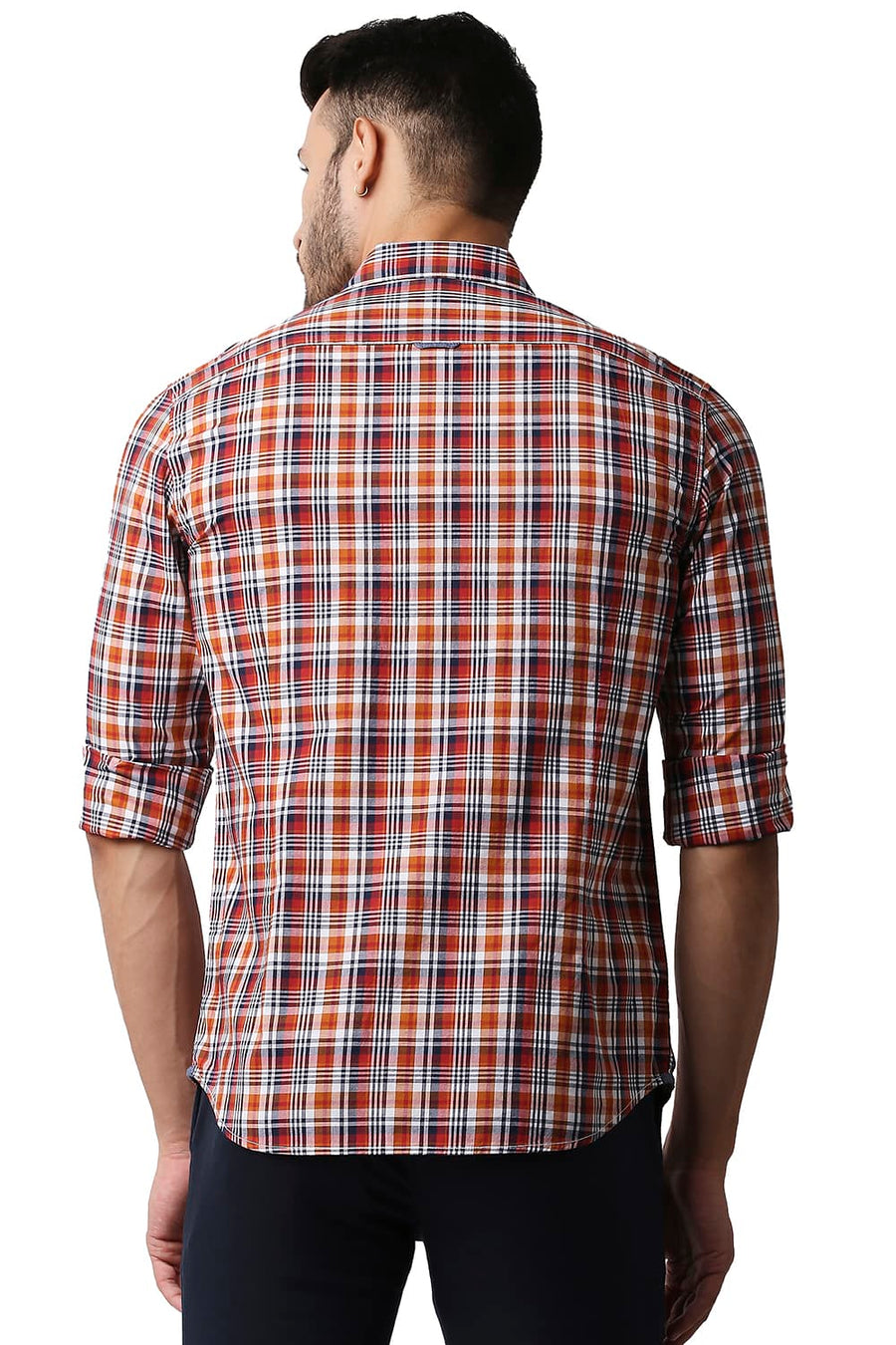 BASICS SLIM FIT DESERT ORANGE COTTON CHECKS SHIRT