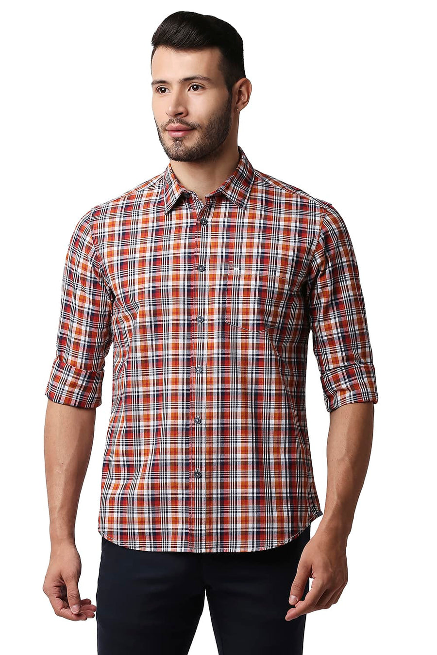 BASICS SLIM FIT DESERT ORANGE COTTON CHECKS SHIRT