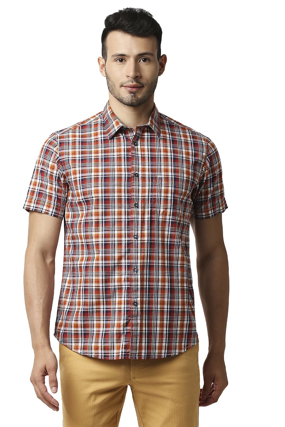 BASICS SLIM FIT COTTON CHECKS HALFSLEEVES SHIRT