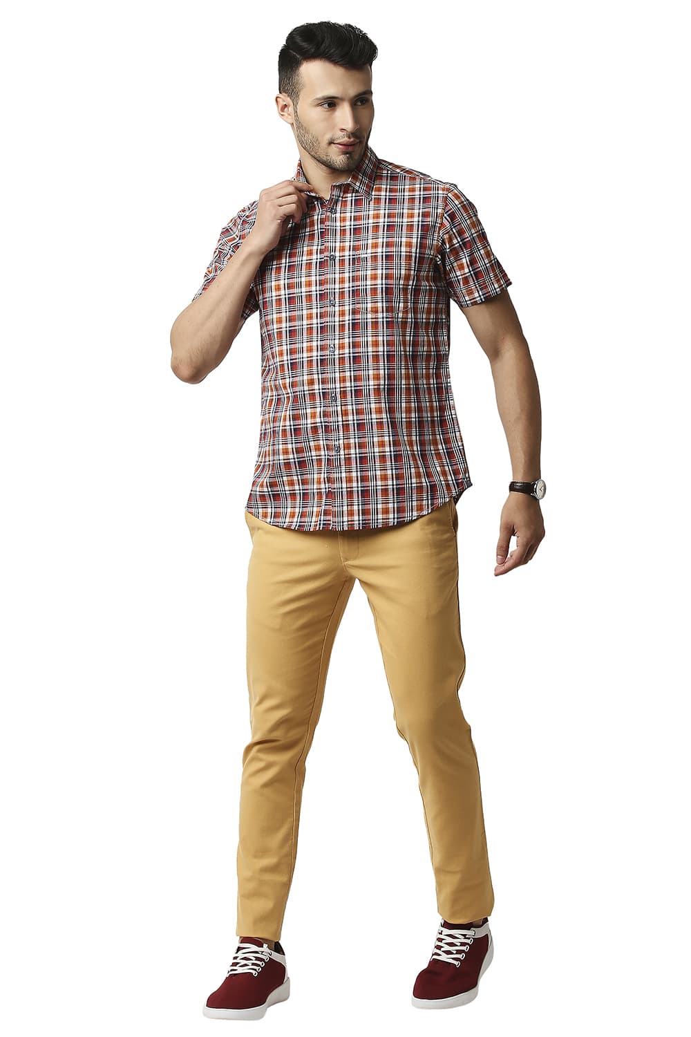 BASICS SLIM FIT COTTON CHECKS HALFSLEEVES SHIRT