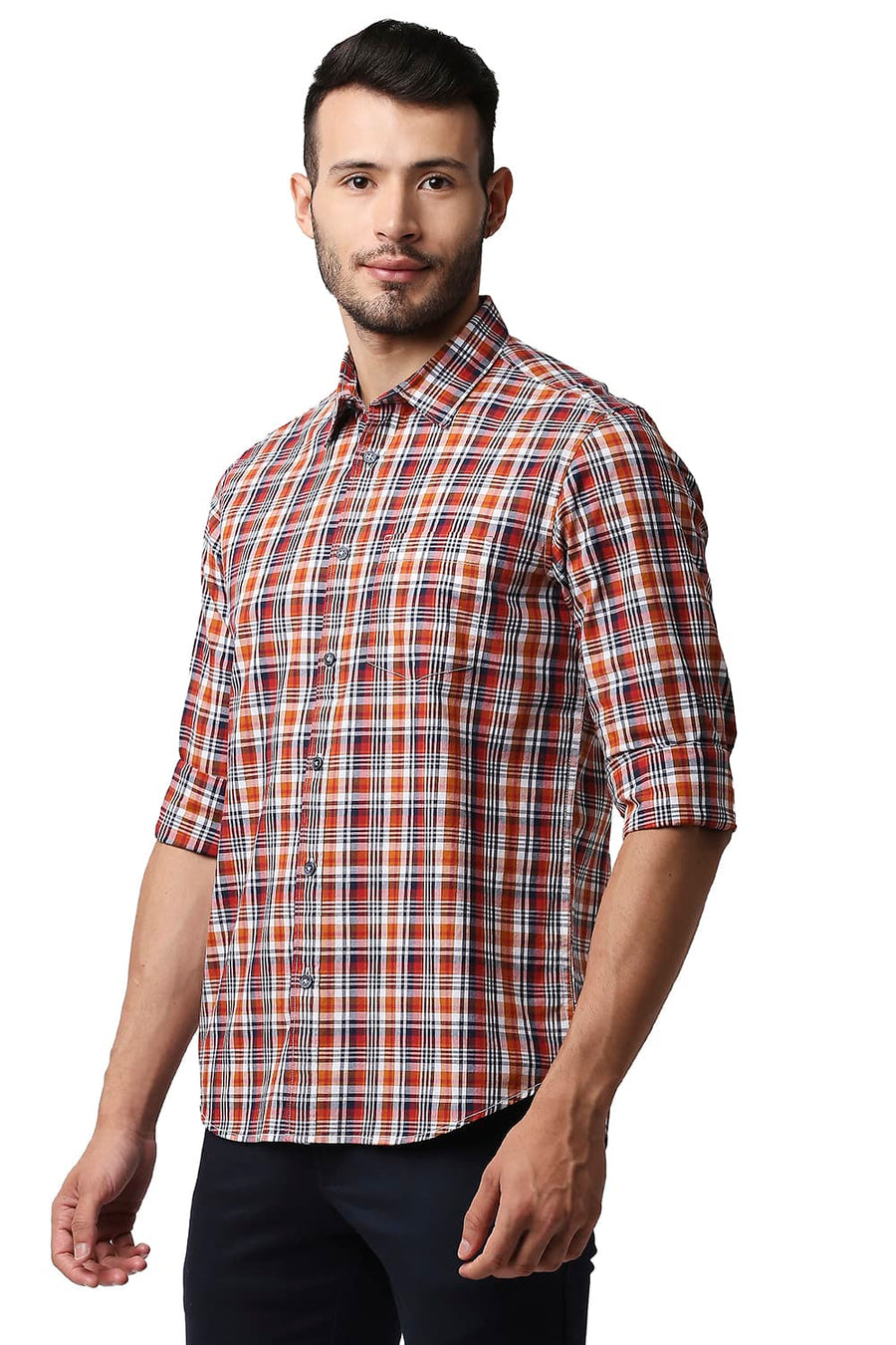 BASICS SLIM FIT DESERT ORANGE COTTON CHECKS SHIRT