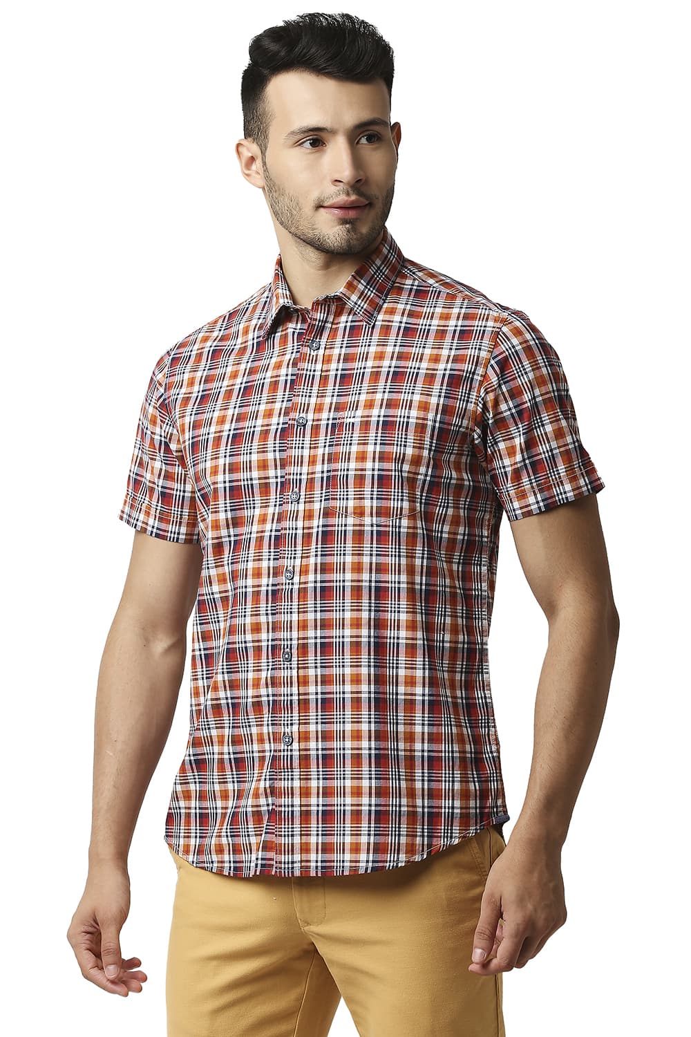 BASICS SLIM FIT COTTON CHECKS HALFSLEEVES SHIRT