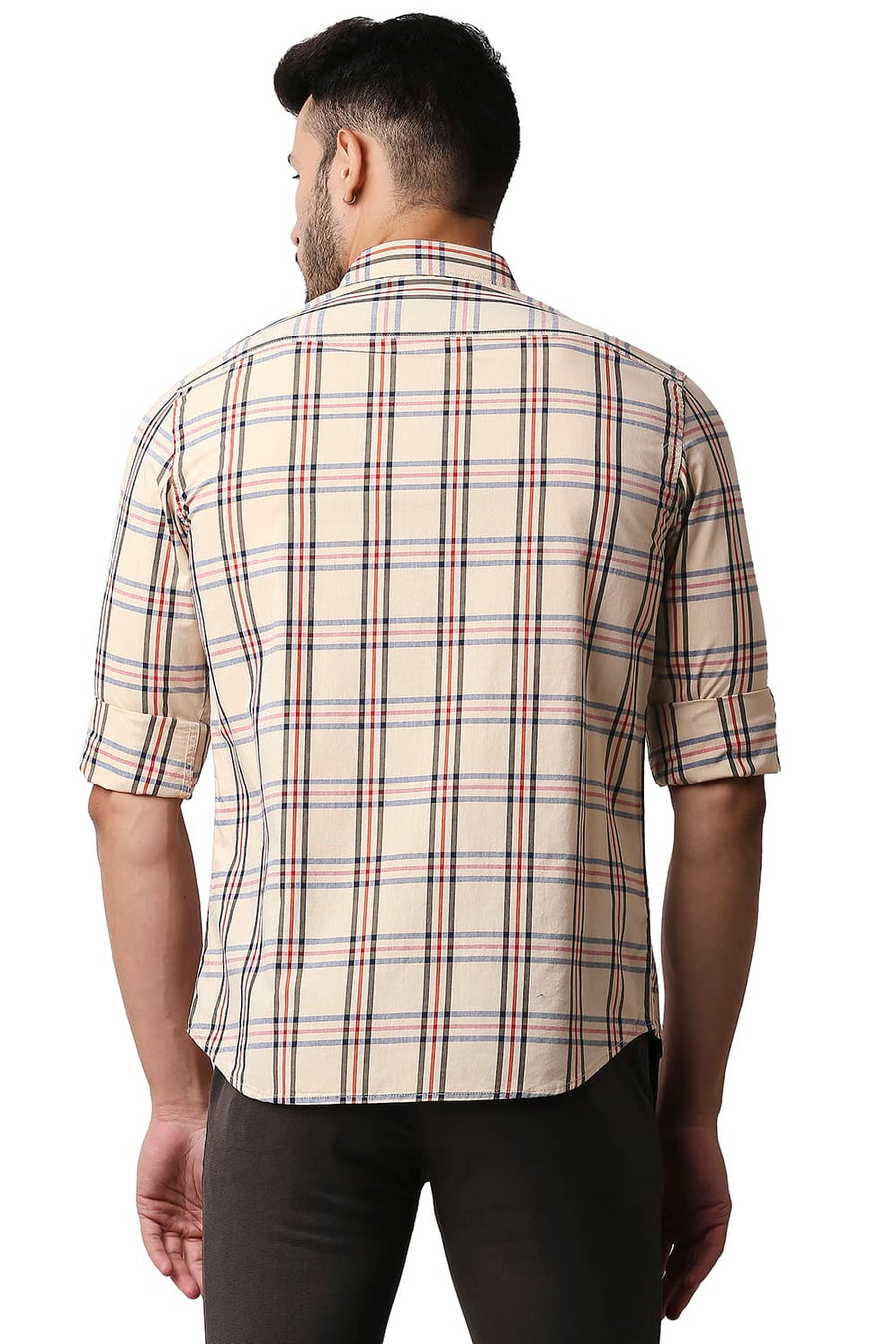 BASICS SLIM FIT AUTUMN BEIGE COTTON CHECKS SHIRT