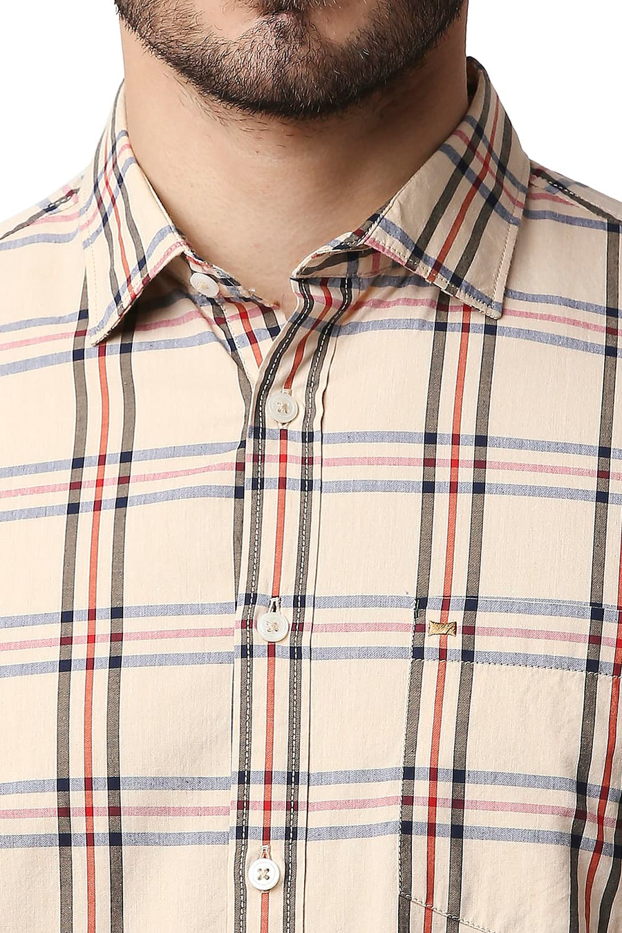 BASICS SLIM FIT AUTUMN BEIGE COTTON CHECKS SHIRT