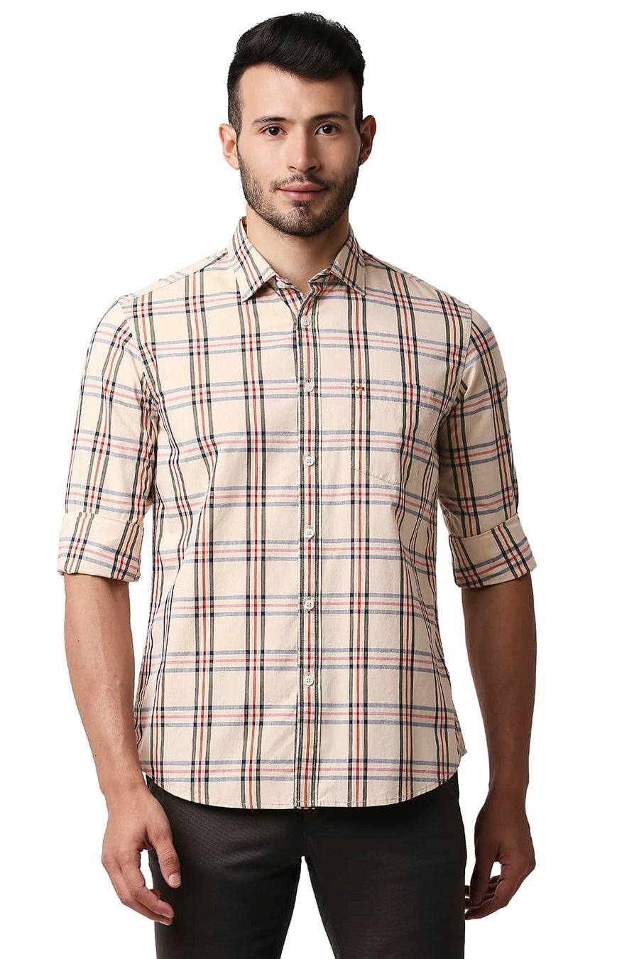 BASICS SLIM FIT AUTUMN BEIGE COTTON CHECKS SHIRT