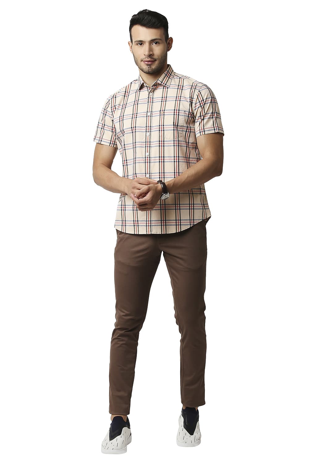 BASICS SLIM FIT COTTON CHECKS HALFSLEEVES SHIRT