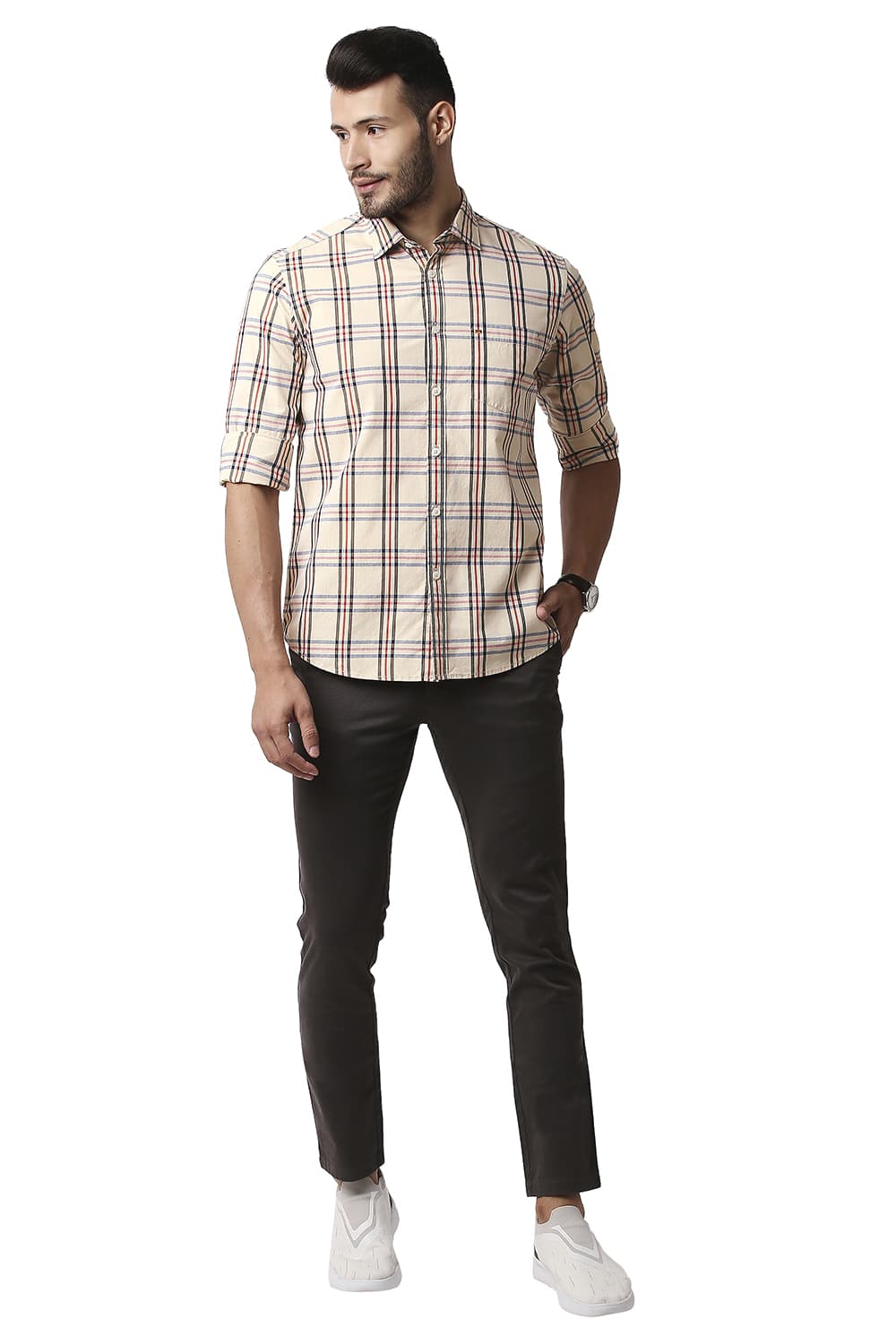 BASICS SLIM FIT COTTON CHECKS SHIRT