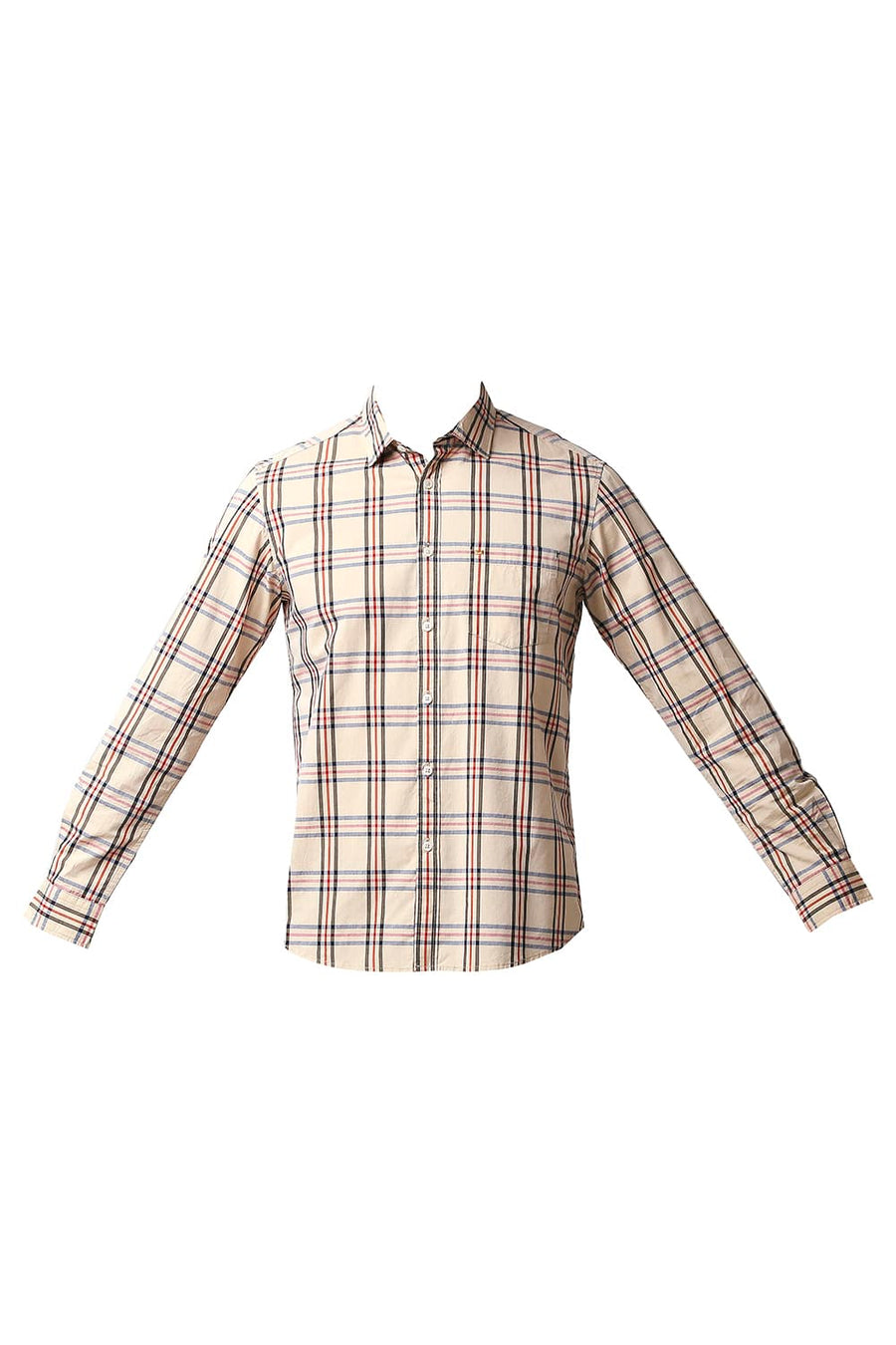 BASICS SLIM FIT AUTUMN BEIGE COTTON CHECKS SHIRT