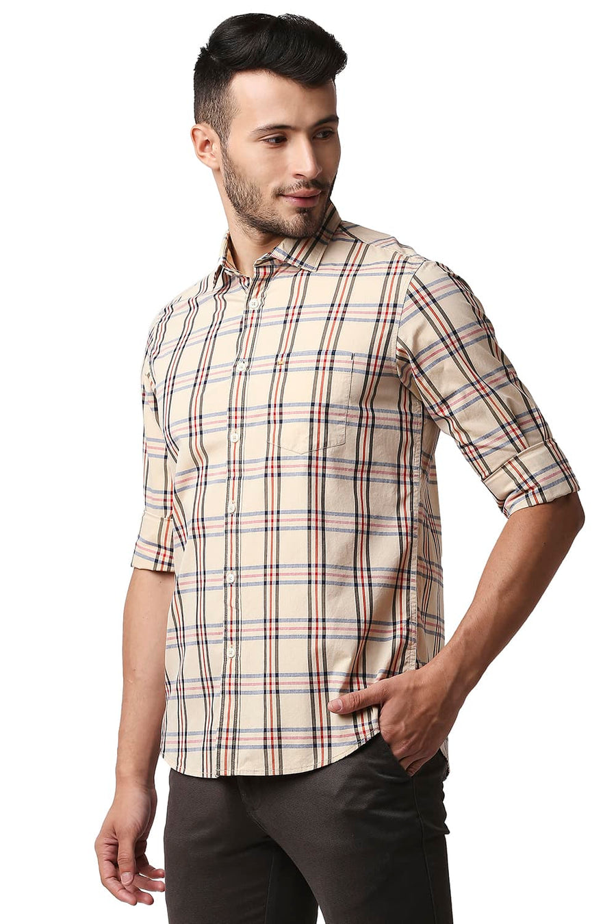 BASICS SLIM FIT AUTUMN BEIGE COTTON CHECKS SHIRT