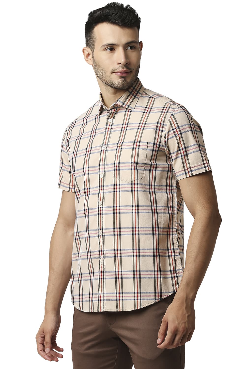 BASICS SLIM FIT COTTON CHECKS HALFSLEEVES SHIRT