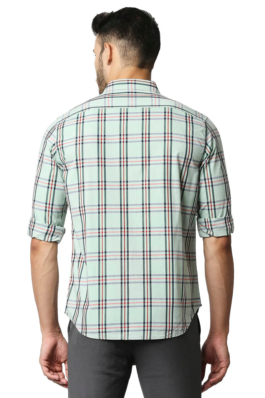 BASICS SLIM FIT SMOKE GREEN COTTON CHECKS SHIRT