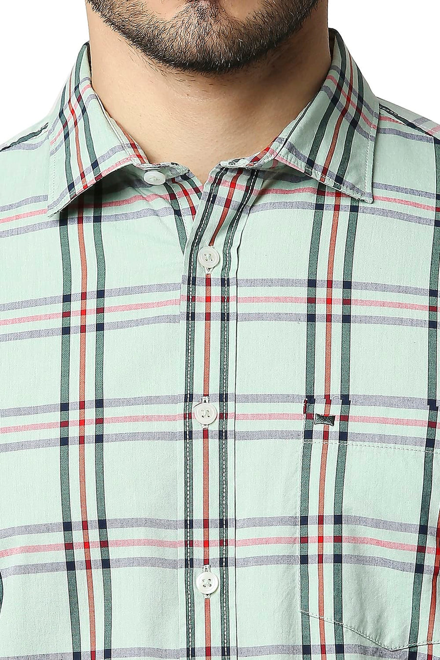 BASICS SLIM FIT SMOKE GREEN COTTON CHECKS SHIRT