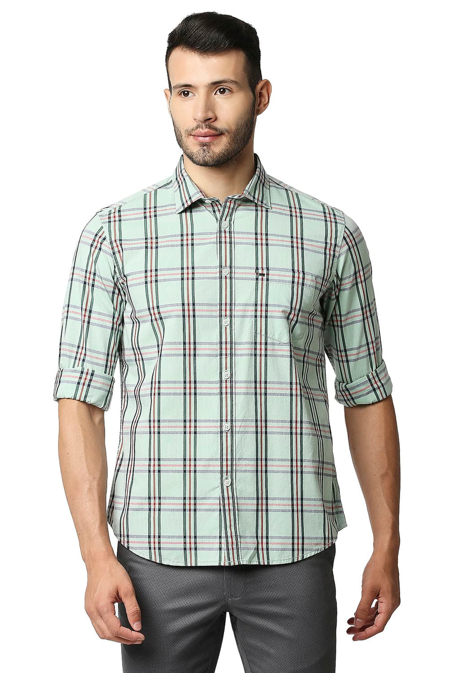 BASICS SLIM FIT SMOKE GREEN COTTON CHECKS SHIRT