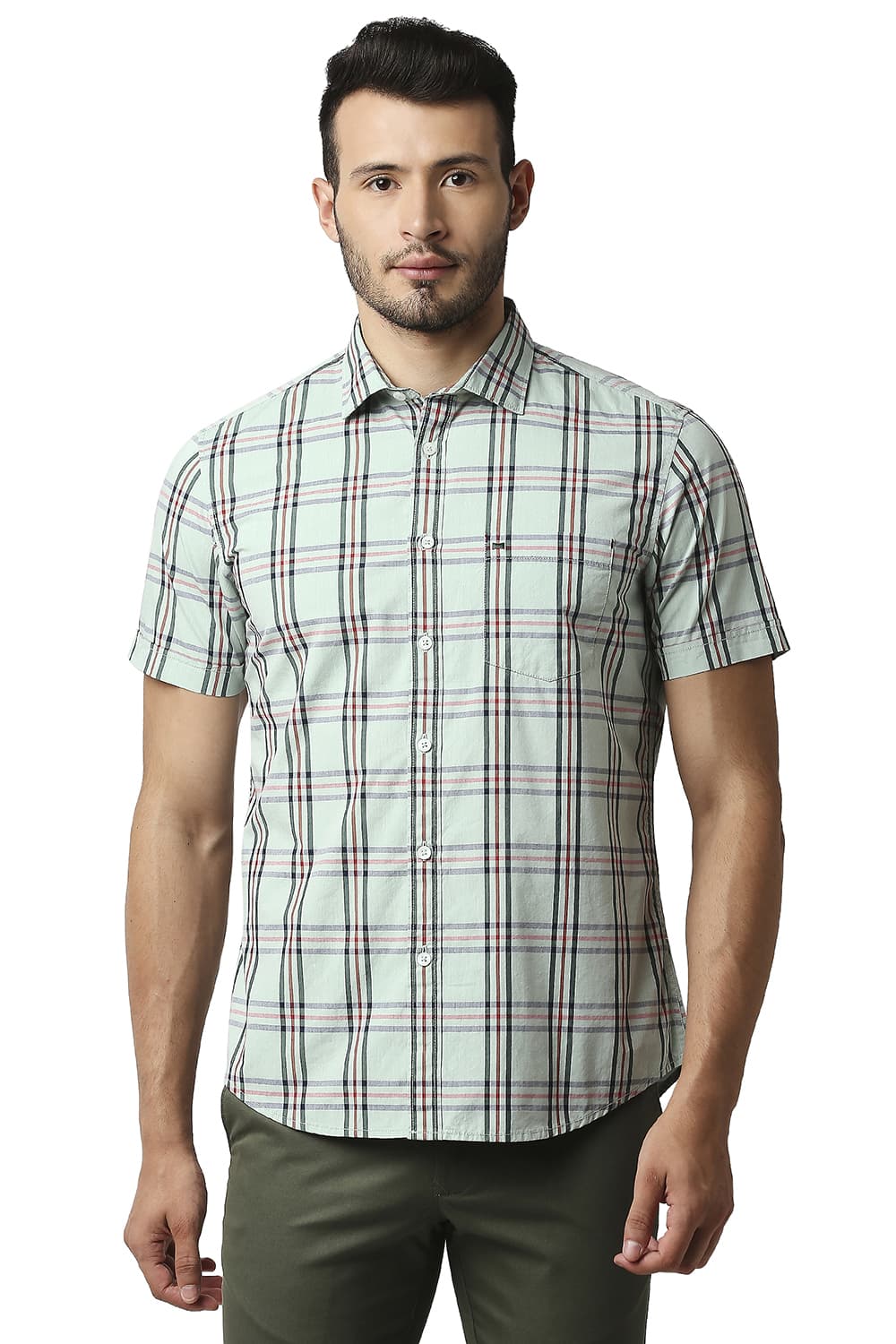 BASICS SLIM FIT COTTON CHECKS HALFSLEEVES SHIRT