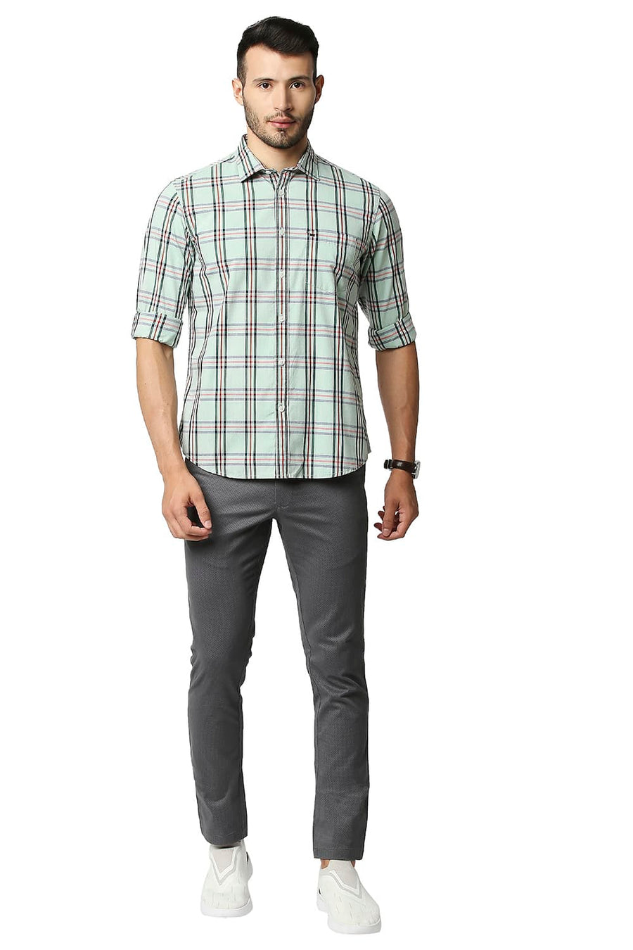 BASICS SLIM FIT SMOKE GREEN COTTON CHECKS SHIRT
