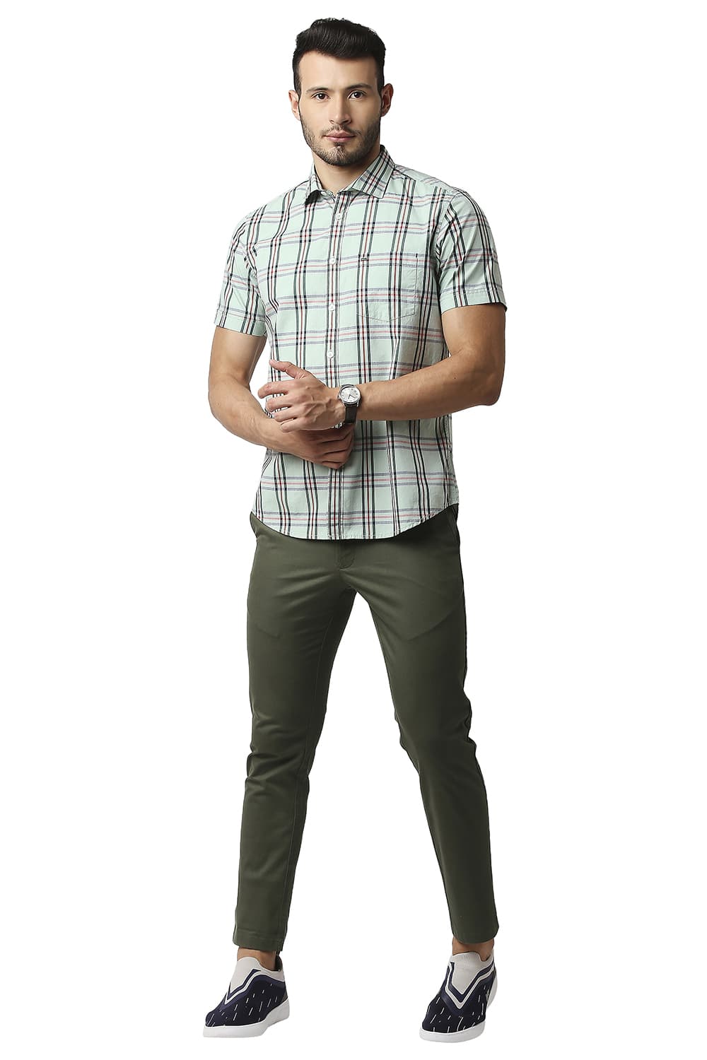 BASICS SLIM FIT COTTON CHECKS HALFSLEEVES SHIRT