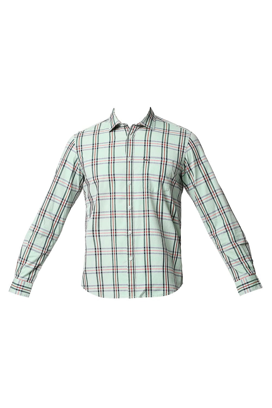 BASICS SLIM FIT SMOKE GREEN COTTON CHECKS SHIRT