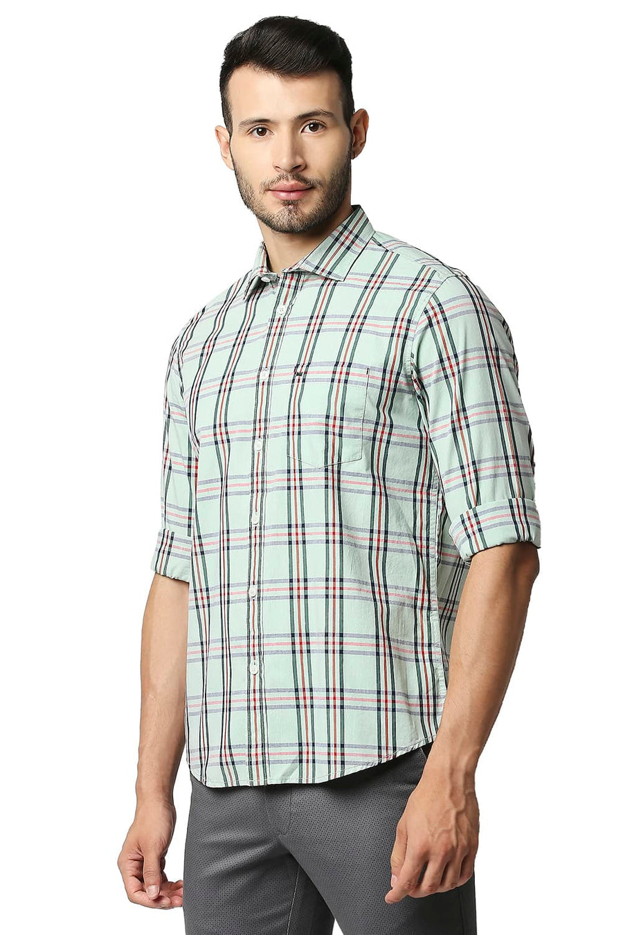 BASICS SLIM FIT SMOKE GREEN COTTON CHECKS SHIRT