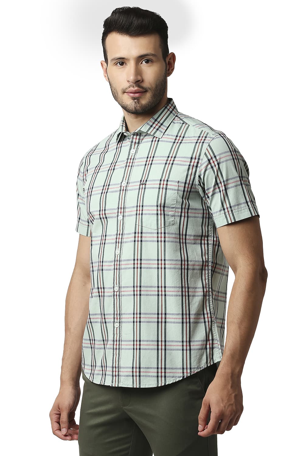 BASICS SLIM FIT COTTON CHECKS HALFSLEEVES SHIRT