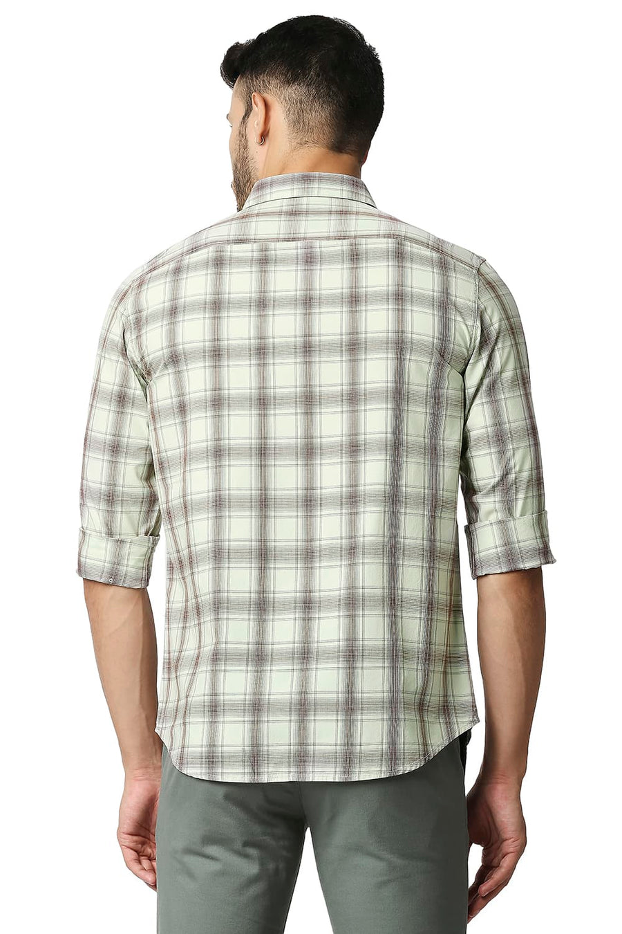 BASICS SLIM FIT GREEN MIST COTTON CHECKS SHIRT