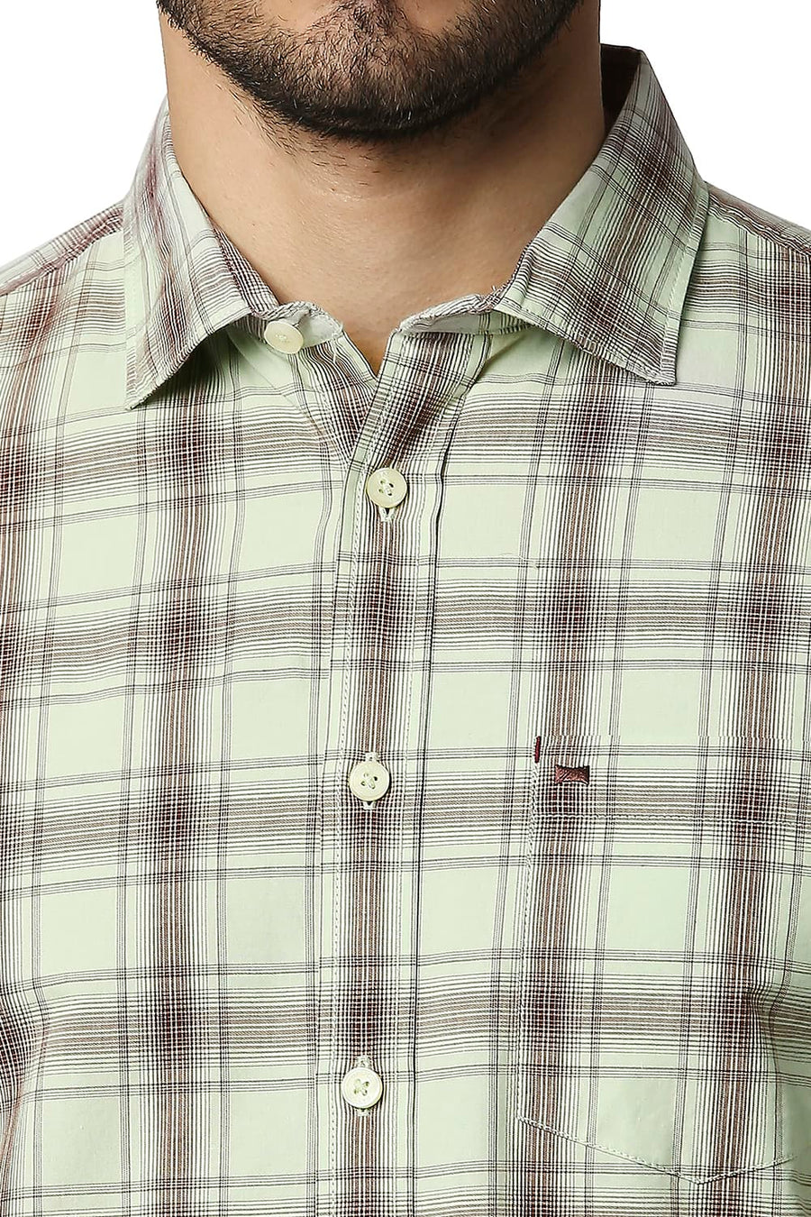 BASICS SLIM FIT GREEN MIST COTTON CHECKS SHIRT