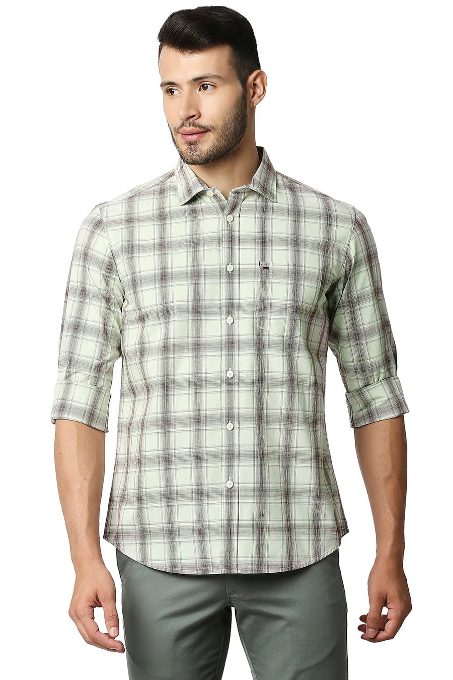 BASICS SLIM FIT GREEN MIST COTTON CHECKS SHIRT