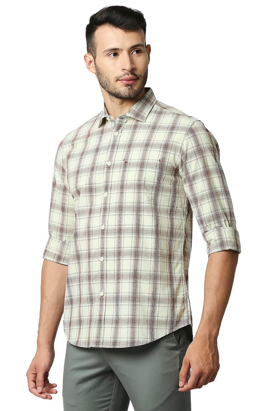 BASICS SLIM FIT GREEN MIST COTTON CHECKS SHIRT