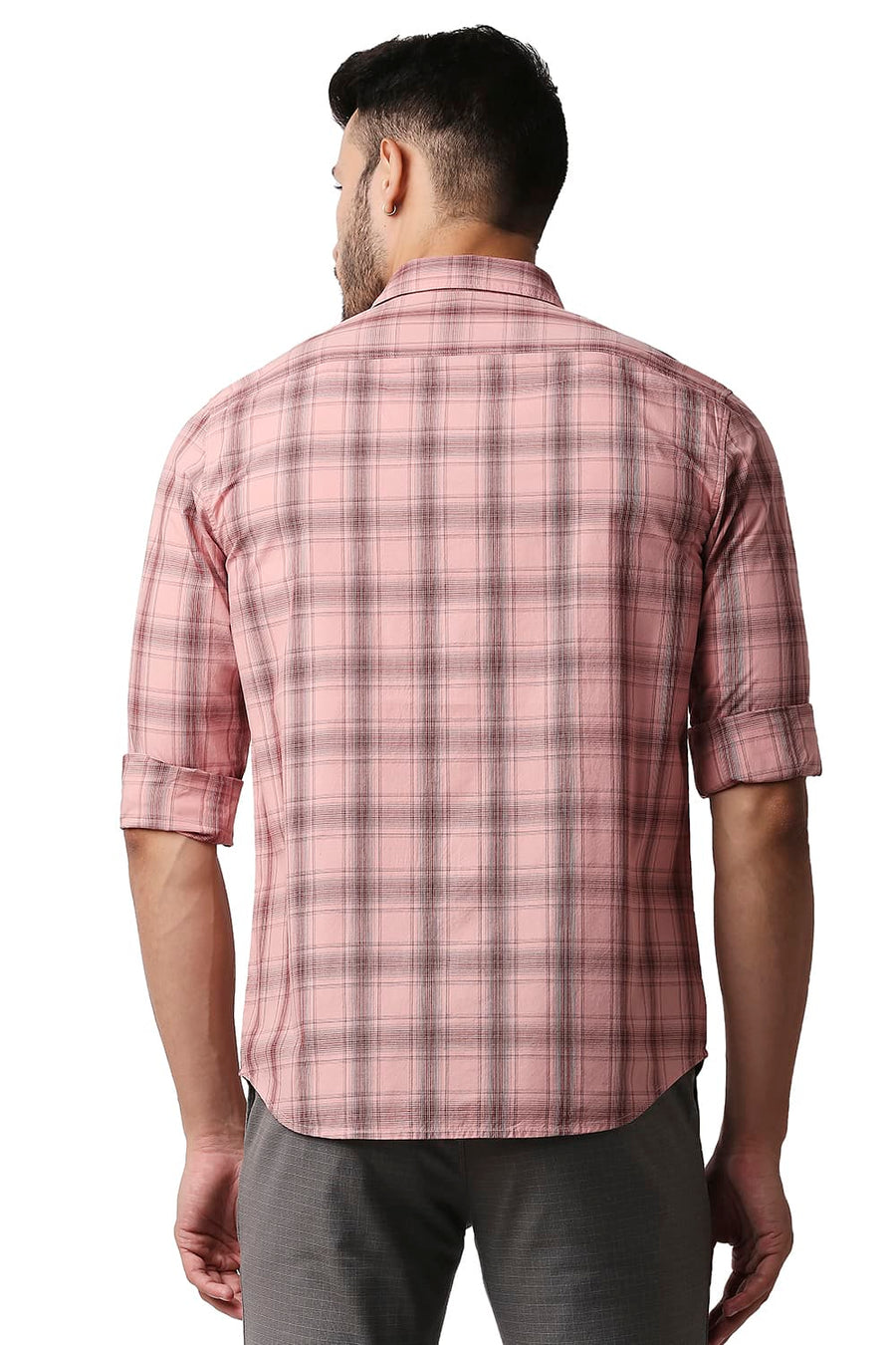 BASICS SLIM FIT PINK MIST COTTON CHECKS SHIRT