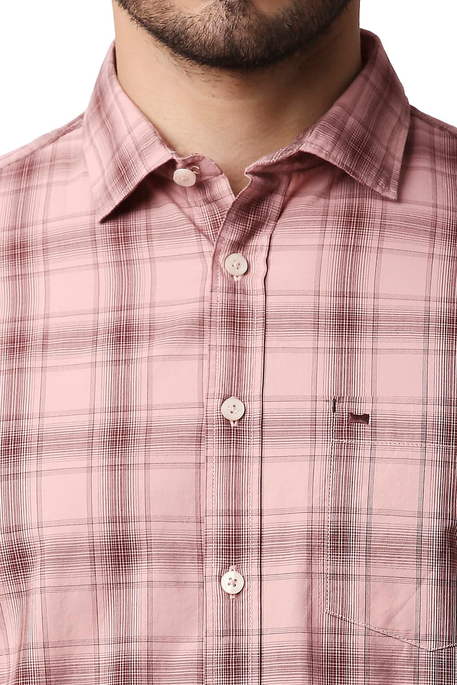 BASICS SLIM FIT PINK MIST COTTON CHECKS SHIRT