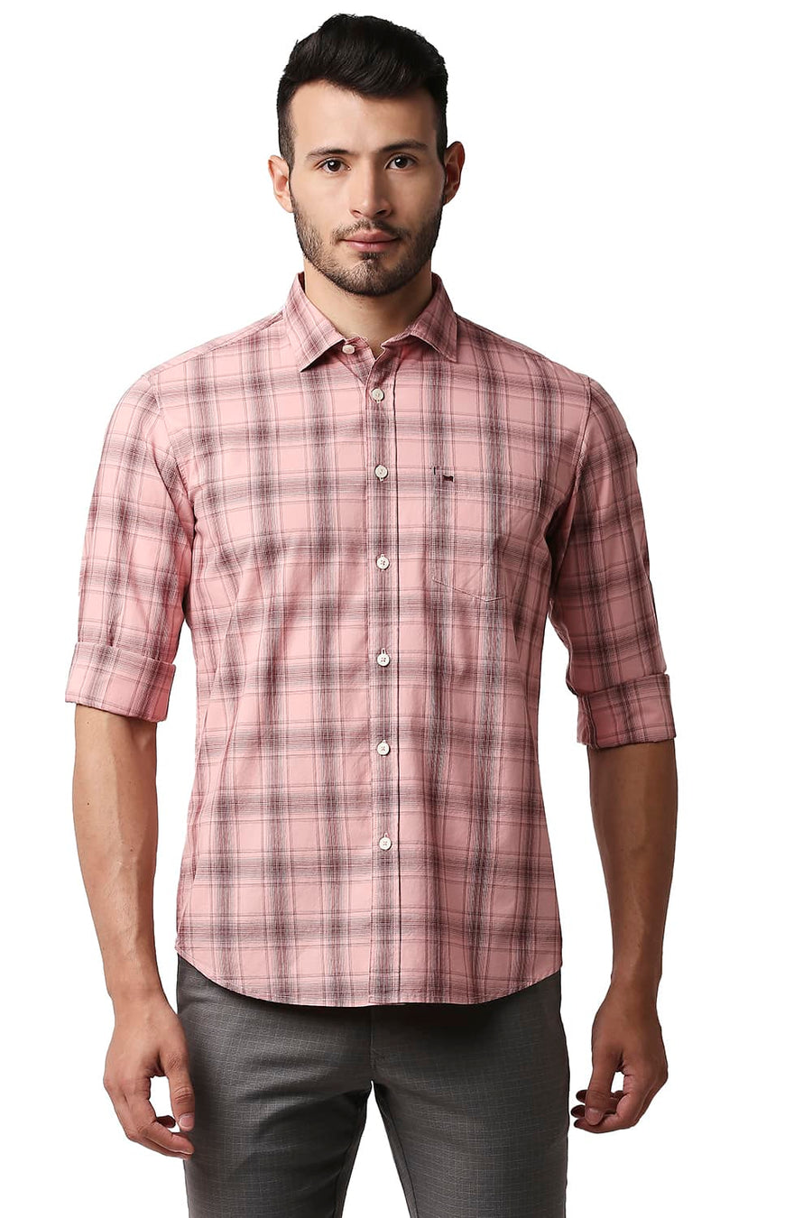 BASICS SLIM FIT PINK MIST COTTON CHECKS SHIRT