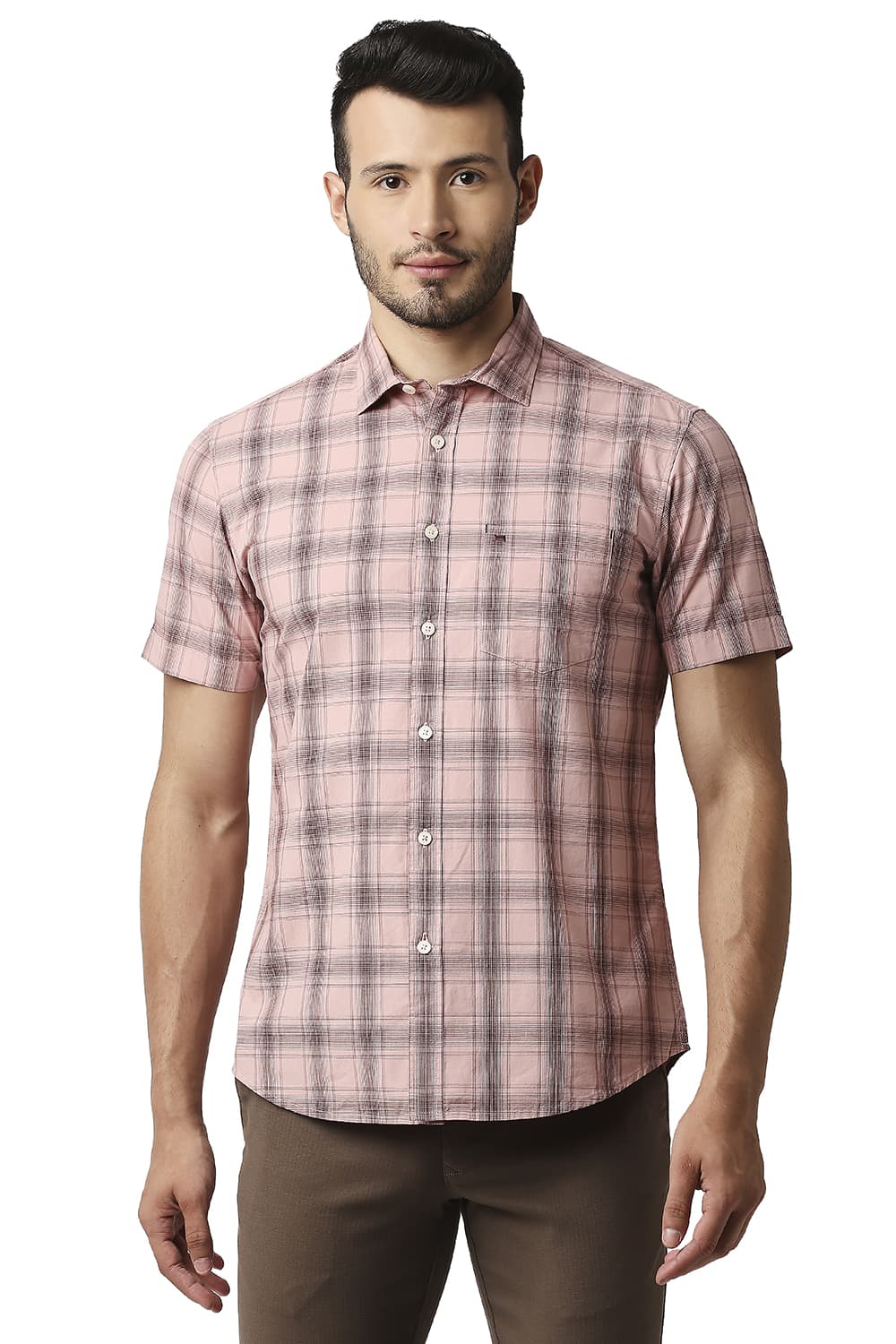 BASICS SLIM FIT COTTON CHECKS HALFSLEEVES SHIRT