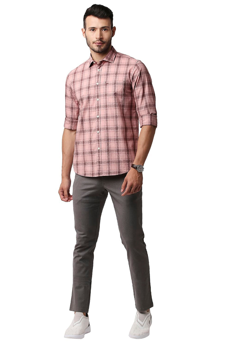 BASICS SLIM FIT PINK MIST COTTON CHECKS SHIRT
