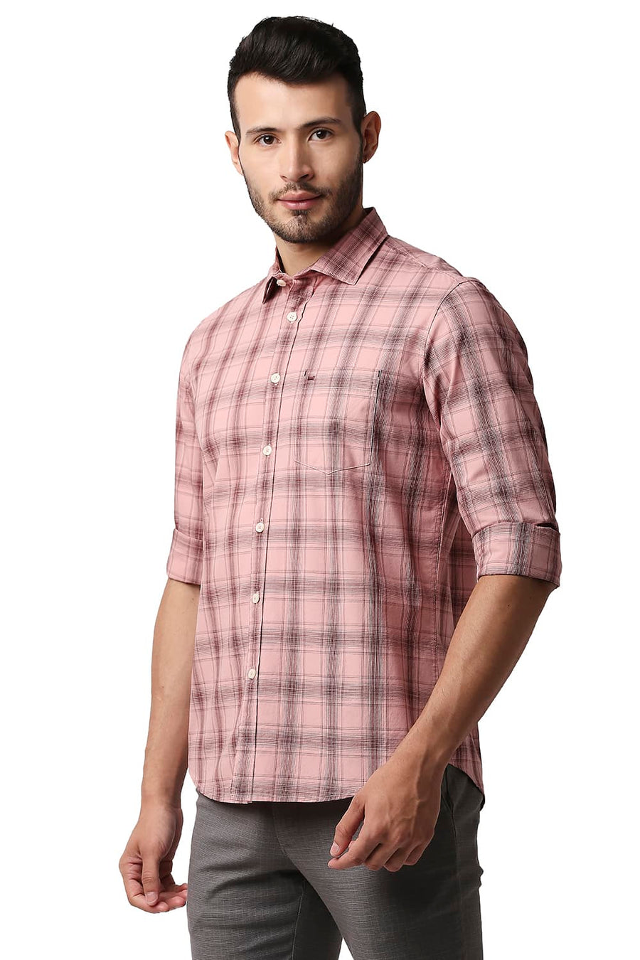 BASICS SLIM FIT PINK MIST COTTON CHECKS SHIRT