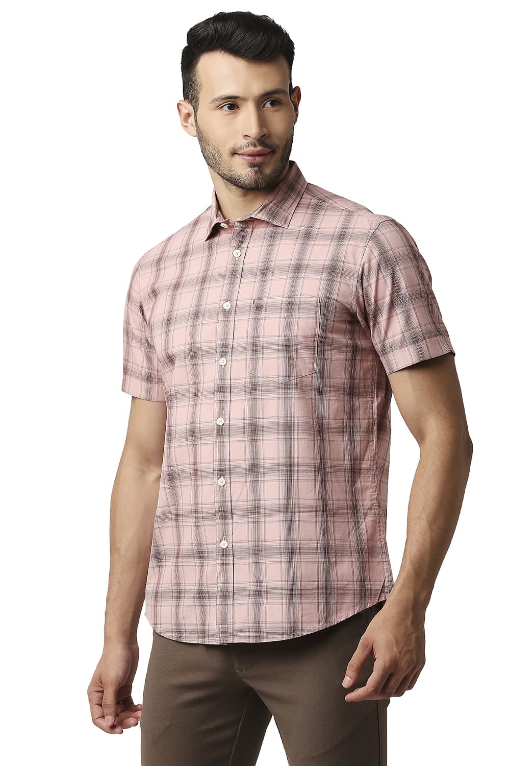 BASICS SLIM FIT COTTON CHECKS HALFSLEEVES SHIRT