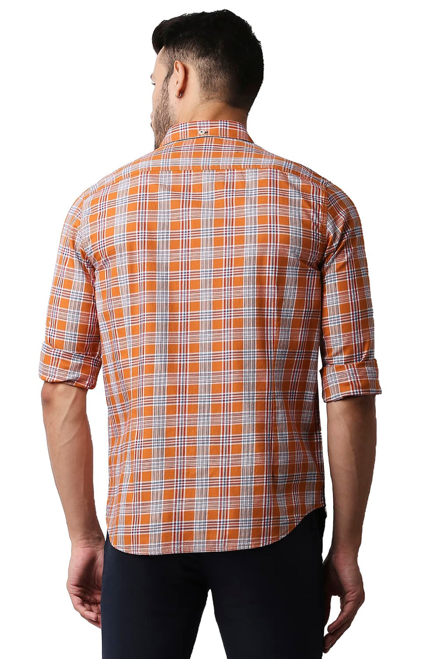 BASICS SLIM FIT ORANGE OCHRE TWILL CHECKS SHIRT