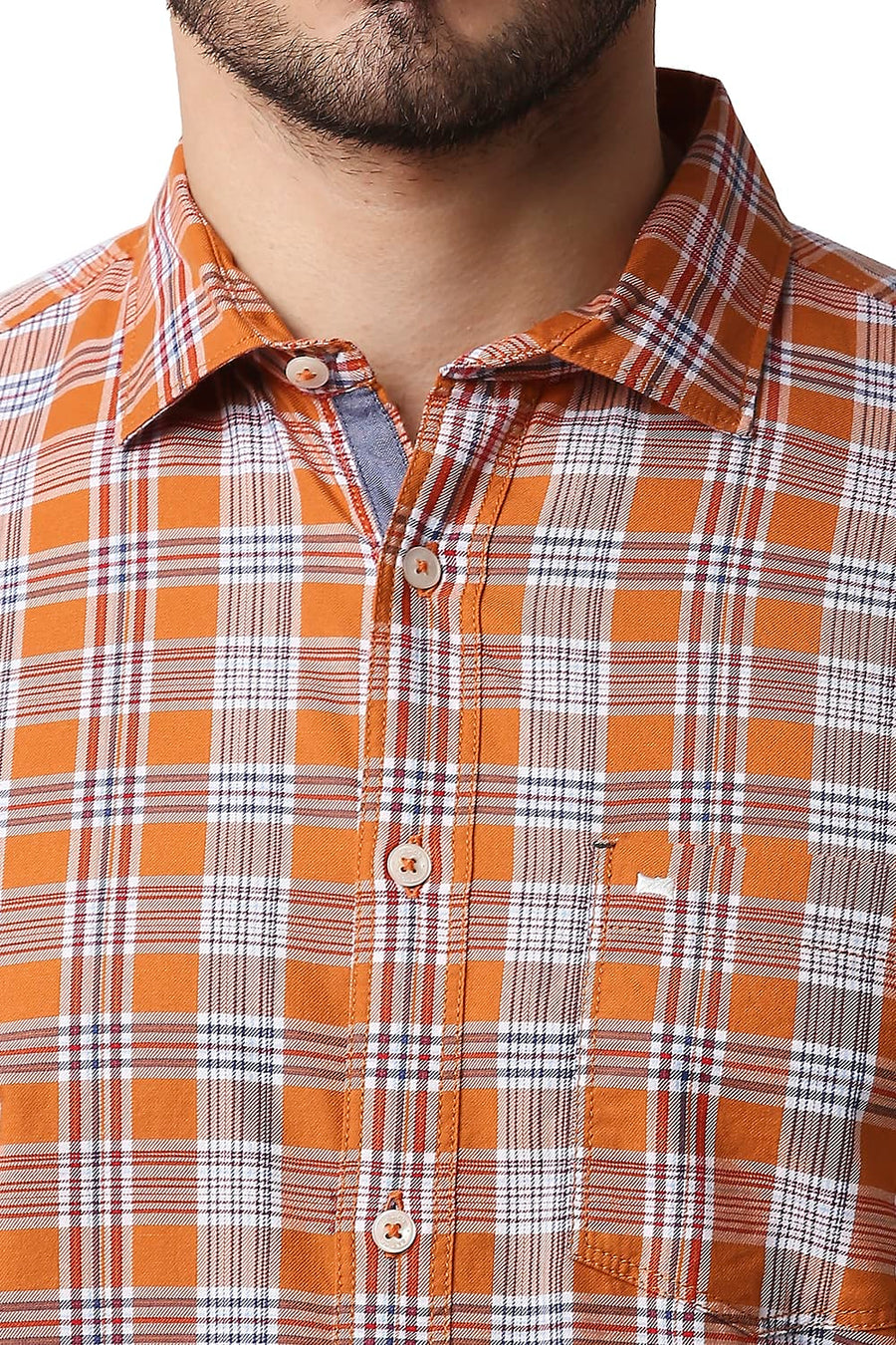 BASICS SLIM FIT ORANGE OCHRE TWILL CHECKS SHIRT