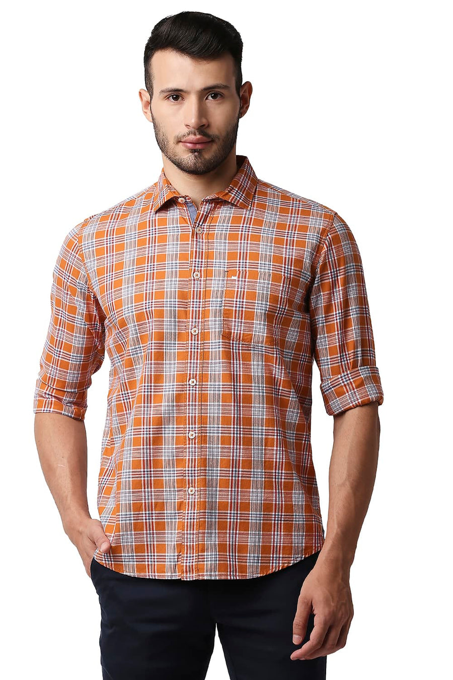 BASICS SLIM FIT ORANGE OCHRE TWILL CHECKS SHIRT