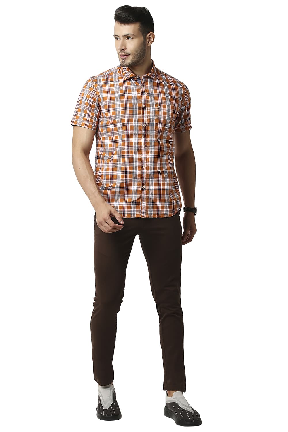 BASICS SLIM FIT TWILL CHECKS HALFSLEEVES SHIRT