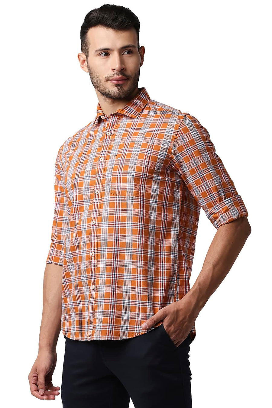 BASICS SLIM FIT ORANGE OCHRE TWILL CHECKS SHIRT