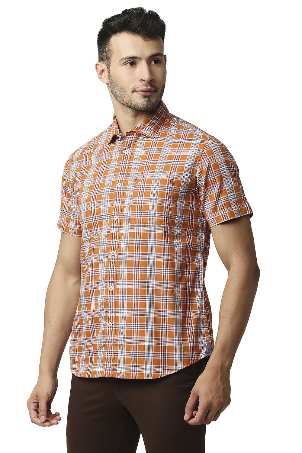 BASICS SLIM FIT TWILL CHECKS HALFSLEEVES SHIRT