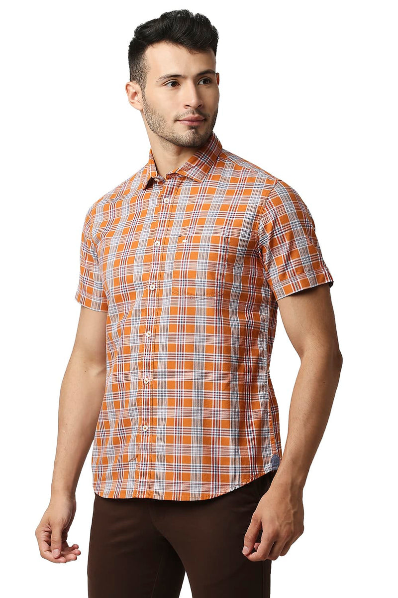 BASICS SLIM FIT TWILL CHECKS HALFSLEEVES SHIRT