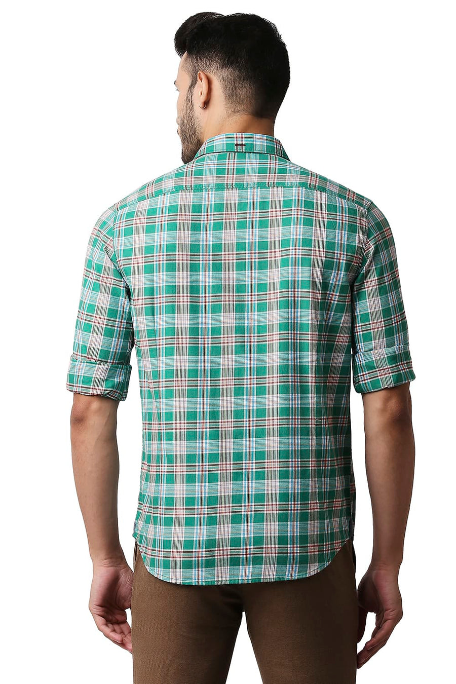 BASICS SLIM FIT PARAKEET GREEN TWILL CHECKS SHIRT