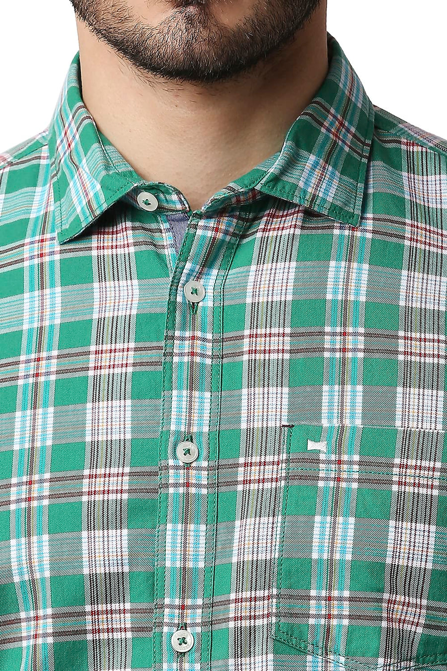 BASICS SLIM FIT PARAKEET GREEN TWILL CHECKS SHIRT