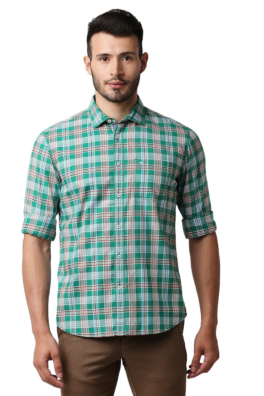 BASICS SLIM FIT PARAKEET GREEN TWILL CHECKS SHIRT