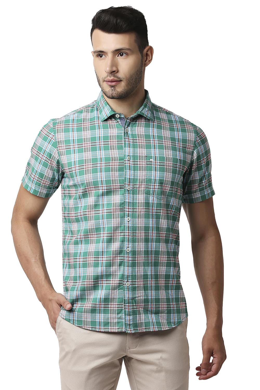 BASICS SLIM FIT TWILL CHECKS HALFSLEEVES SHIRT